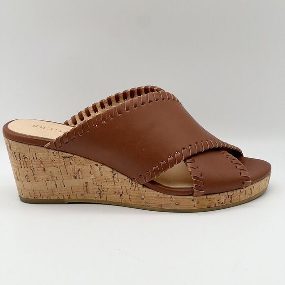 JACK ROGERS Sloane Criss Cross Mocha Leather Cork Wedge Sandals Women’s 6.5 - Picture 1 of 14